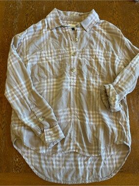 American Eagle Outfitters Women's Plaid Button-Front Shirt - Taupe & White